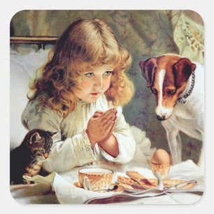 Frukost i säng: Flicka, Terrier och kattunge Fyrkantigt Klistermärke