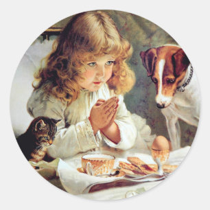 Frukost i säng: Flicka, Terrier och kattunge Runt Klistermärke