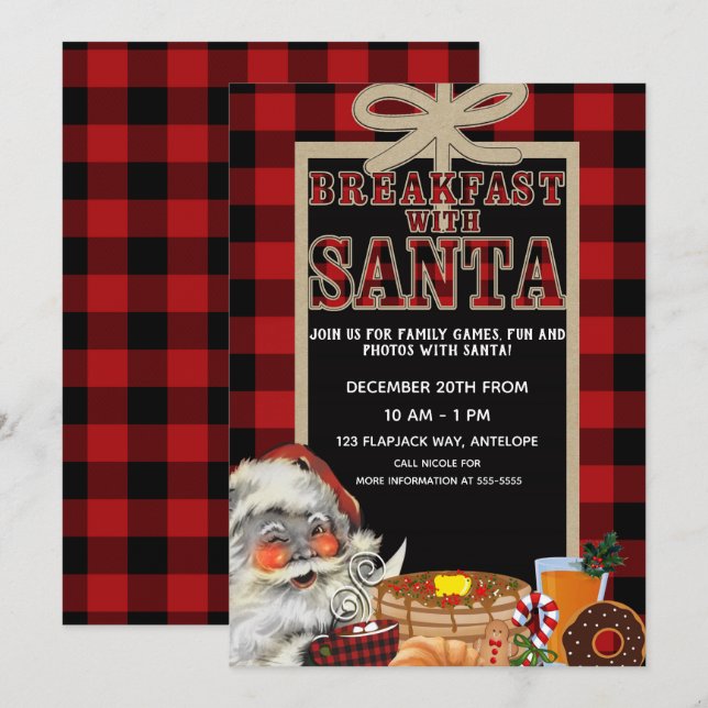 Frukost med Santa Brunch Röd Buffalo-rutig Inbjudningar (Fram/baksida)