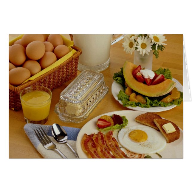Frukosten från bacon, ägg och pitcher från mjölk hälsningskort (Framsidan Horizontal)