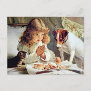 Frukosten i Bed: flicka, Terrier och Kattunge Vykort