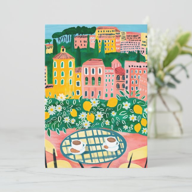 Frukosten på Terrace Whimsical City Painting Kort (Stående Fram)