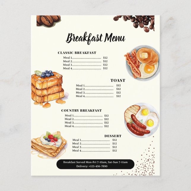 Frukostmeny, Restaurangmeny, Cafémarknadsföring  Flygblad (Framsidan)