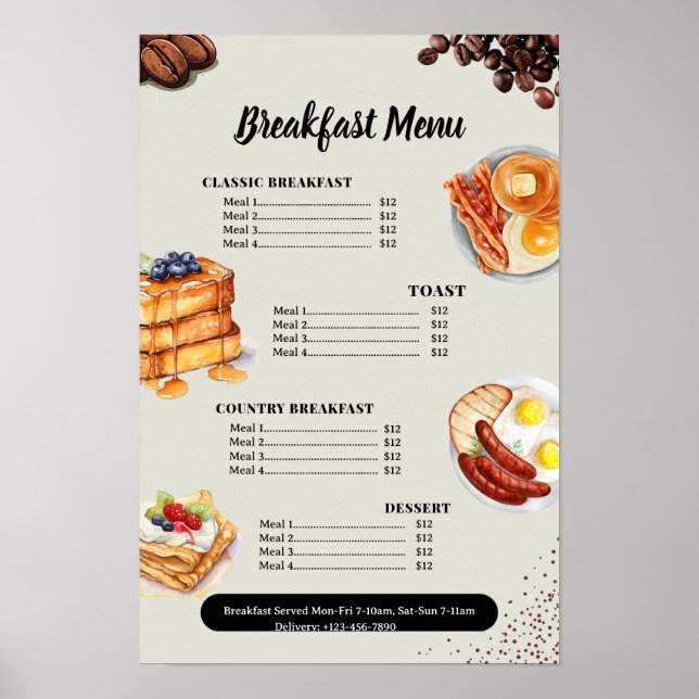 Frukostmeny, Restaurangmeny, Cafémarknadsföring  Poster (Framsidan)