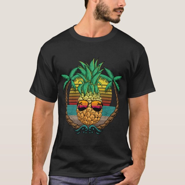 Frukt av ananas med sunglass Sommarblad Handflatan T Shirt (Framsida)