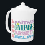 Frukt av Tekannan Spirit<br><div class="desc">En underbar tekanna för typdesign som innehåller en lista över frukterna av Heligan Spirit från Galations 5:22-23 i mjuk färg accentuerad med fjärilar och blommigt. Matchande mugg finns!</div>