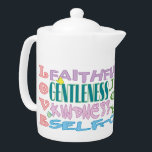 Frukt av Tekannan Spirit<br><div class="desc">En underbar tekanna för typdesign som innehåller en lista över frukterna av Heligan Spirit från Galations 5:22-23 i mjuk färg accentuerad med fjärilar och blommigt. Matchande mugg finns!</div>