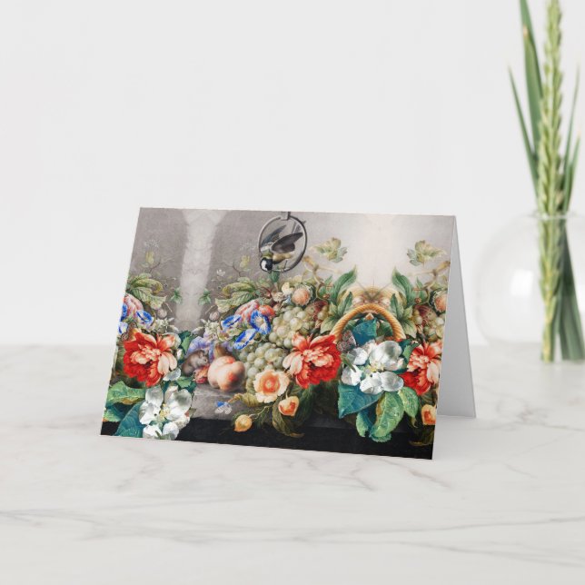 FRUKT, BLOMMOR, DRUVOR, PEACHER OCH LITE FÅGLAR HELGKORT (Framsida)