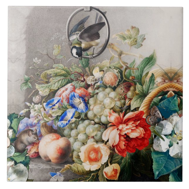 FRUKT, BLOMMOR, DRUVOR, PEACHER OCH LITE FÅGLAR KAKELPLATTA (Framsidan)