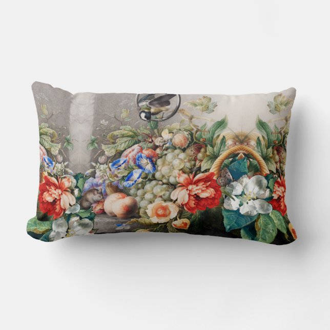 FRUKT, BLOMMOR, DRUVOR, PEACHER OCH LITE FÅGLAR LUMBARKUDDE (Framsida)