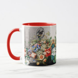 FRUKT, BLOMMOR, DRUVOR, PEACHER OCH LITE FÅGLAR MUGG
