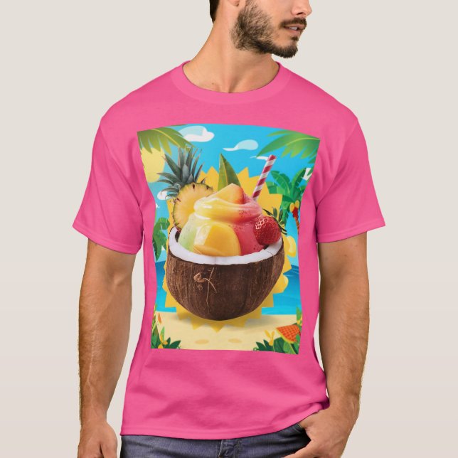 Frukt i kokosnöt med rosa av scen och wow i färg t shirt (Framsida)