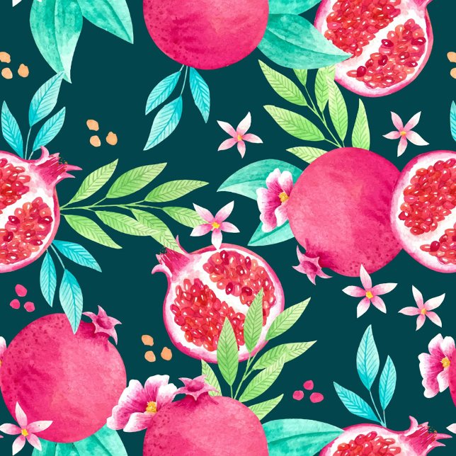 Frukt Mönster Dekorativ kudde (Seamless pattern with pomegranates, flowers and leaves on a dark background, watercolor style.)