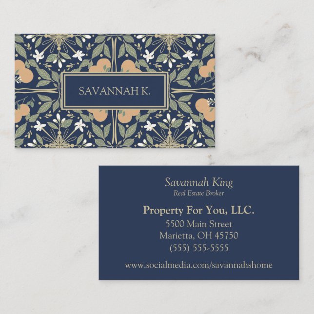 Frukt och blommor Midnattsblå  Visitkort (Fram/baksida)