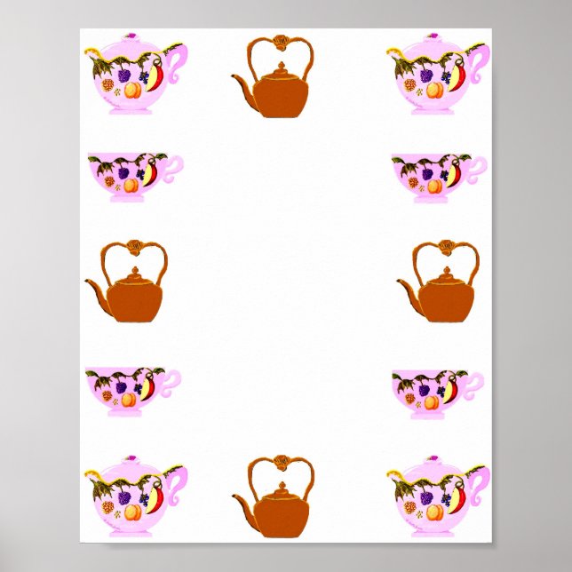 Frukt och Löv Tekanna, Tekopp och kopparteakettel Poster (Framsidan)