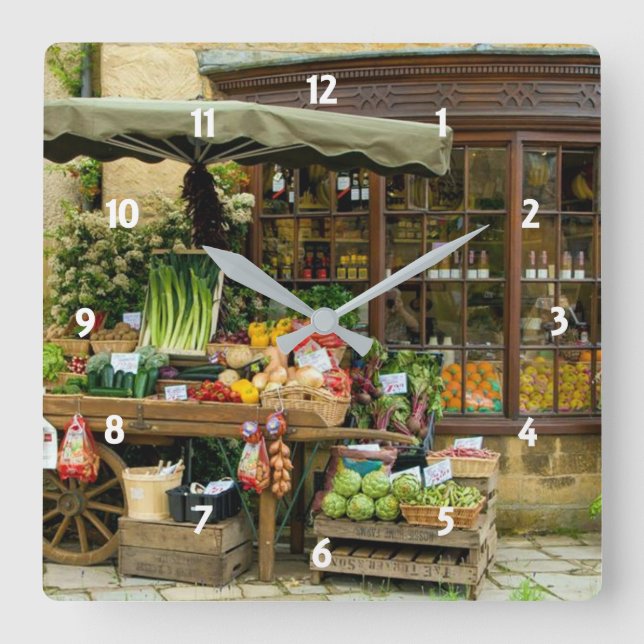 Frukt- och Veg Colorful English Village Store Fyrkantig Klocka (Framsida)