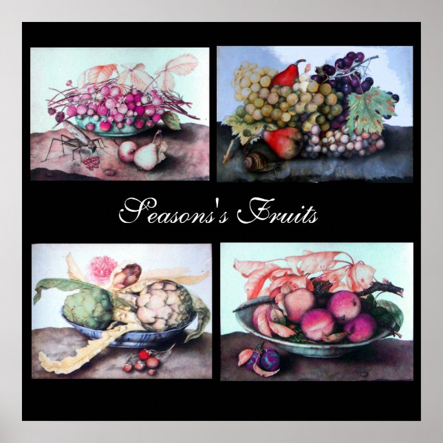 Frukt Tallrikar/Körsbär,Persikor,Druvor,Kronärtsko Poster (Framsidan)
