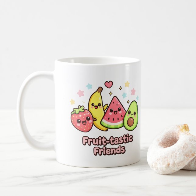 Frukt-tastiska Vänner – Sött Kawaii Frukt Design Kaffemugg (Med munk)