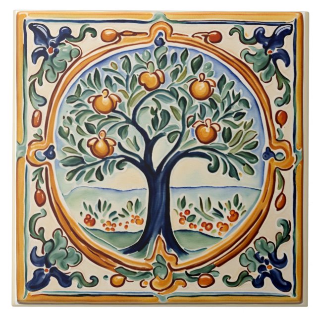 Frukt Träd Mediterranean Italy Rural People Art Kakelplatta (Framsidan)