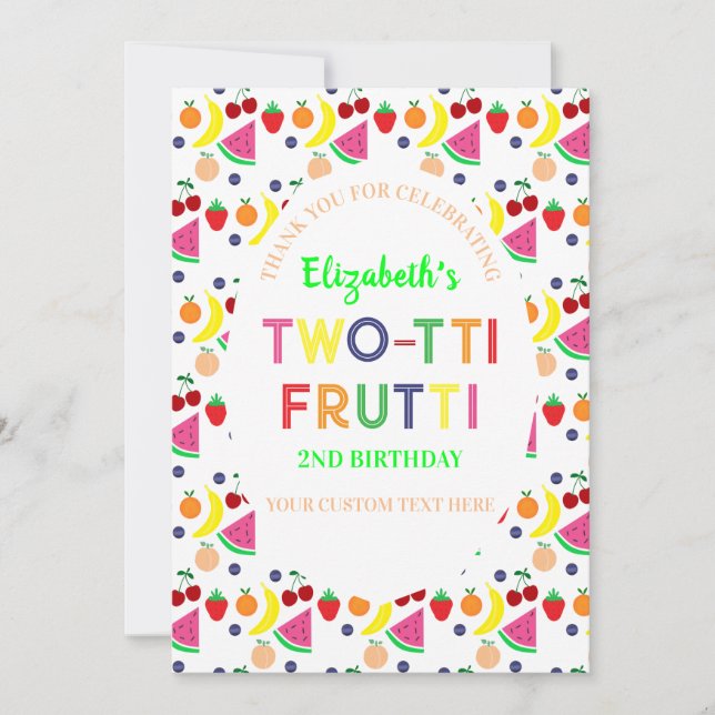 Frukt Two-tti Frutti 2-årsdag Tack Kort (Framsida)