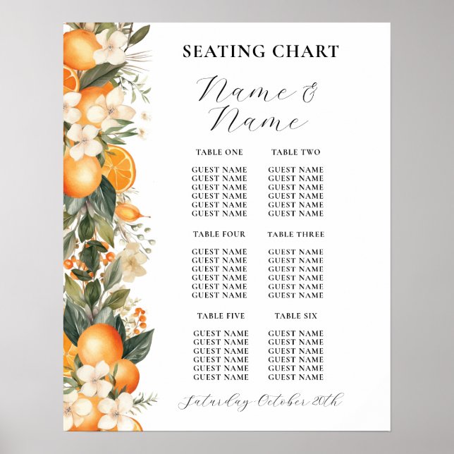 Fruktblommor Bord 6 Sittplan Bröllop Orange Poster (Framsidan)