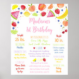 Fruktens Rosa Girl Summer First Birthday Milestone Poster