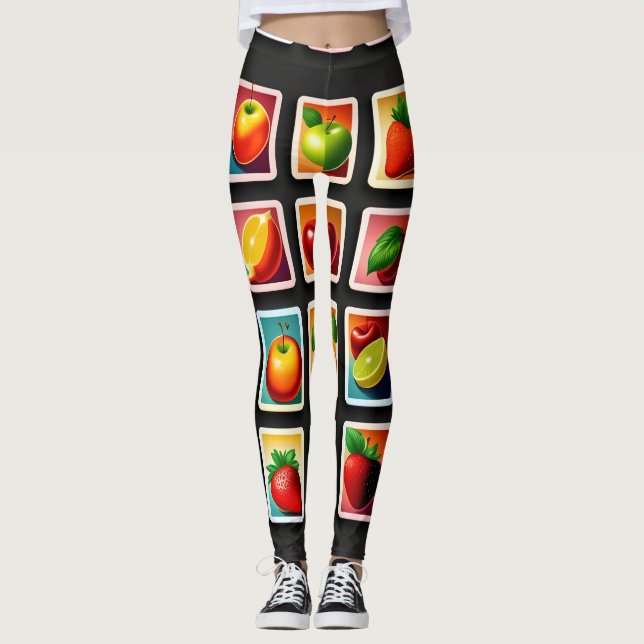 Frukter i fyrkantiga rutor Röda Grönten Mönster Leggings (Framsida)
