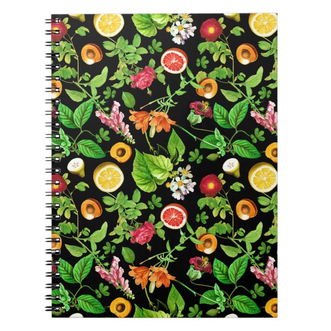 Frukter och blad mönster på svart anteckningsbok (Framsidan)