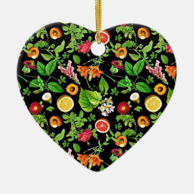 Frukter och blad mönster på svart julgransprydnad keramik (Framsidan)
