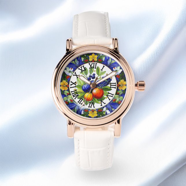 Frukter och grönsaker, italienska Deruta Bouquet,  Armbandsur (Zazzle Italian Deruta Bouquet Fruits And Vegetables Motif Watch Satin Background)