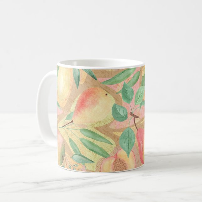 Frukter, persikor, päron, citroner, vattenfärger kaffemugg (Framsida vänster)