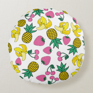 Fruktfiesta: Bananer, ananas, jordgubbar Rund Kudde