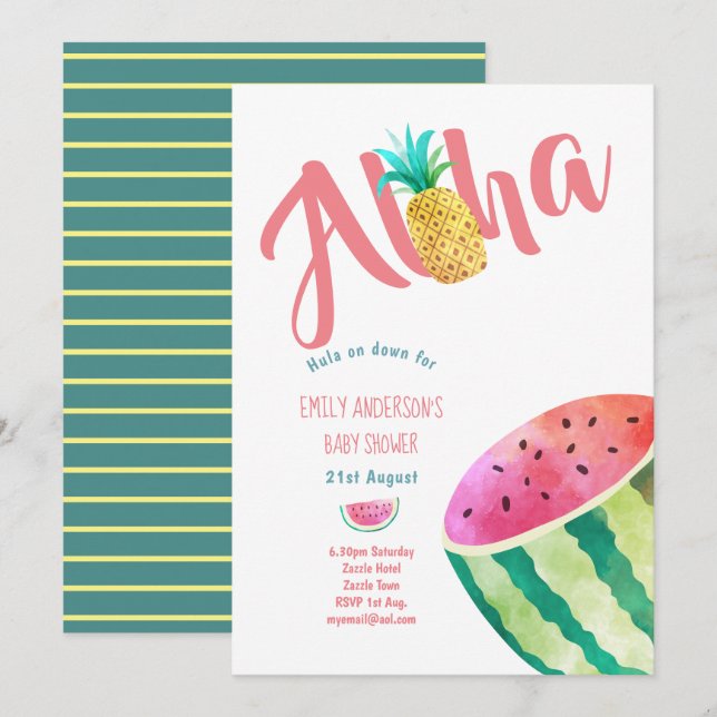 Fruktig Tropical Baby Shower Inbjudningskort Melon (Fram/baksida)