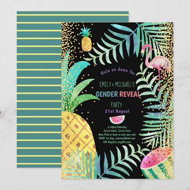 Fruktig Tropisk KÖNSUPPTÄCKT Inbjudningar Flamingo (Fram/baksida)