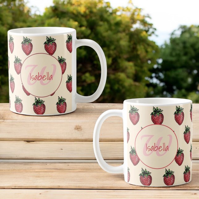 Fruktiga färska jordgubbsbär Mönster Monogram Namn Kaffemugg (strawberry pattern template name & monogram mug on both sides of handle)