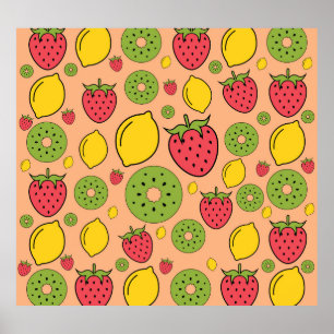 Fruktiga tapet: jordgubbar, citroner, kiwis. poster