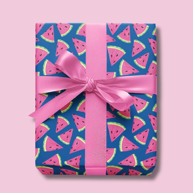 Fruktigt vattenmelon sommar mönster presentpapper (Watermelon wrapping paper on blue background.)