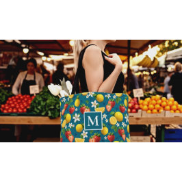 Fruktjordgubbar och citronmonogram tygkasse