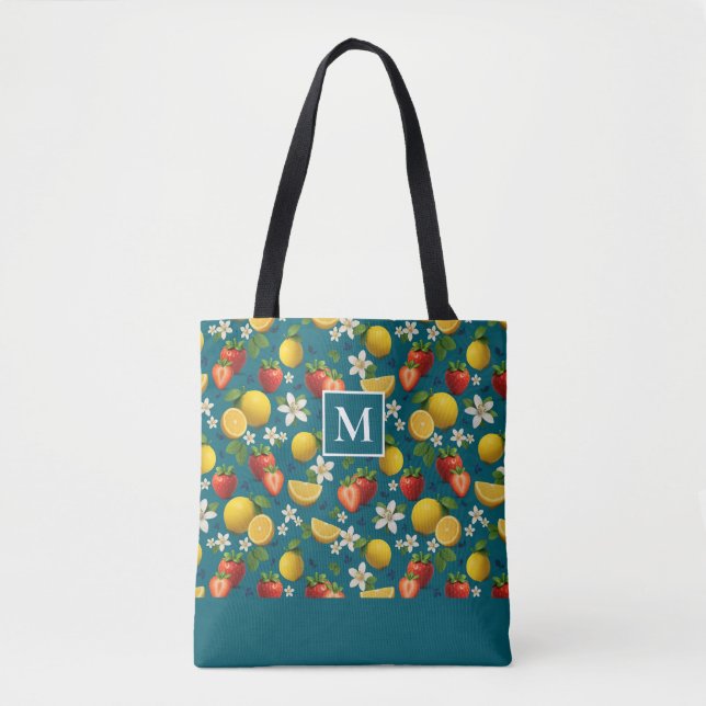 Fruktjordgubbar och citronmonogram tygkasse (Framsida)