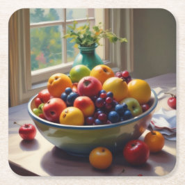 Fruktkåpa sitta på bord-oljemålningen underlägg papper kvadrat