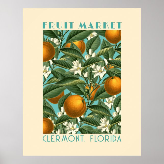 Fruktmarknadsblått för Retro Orange Blommar Poster (Framsidan)