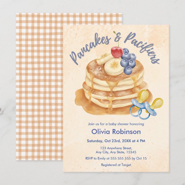 Fruktpannkakor & Napp Gingham-barnkalas   Inbjudningar (Fram/baksida)