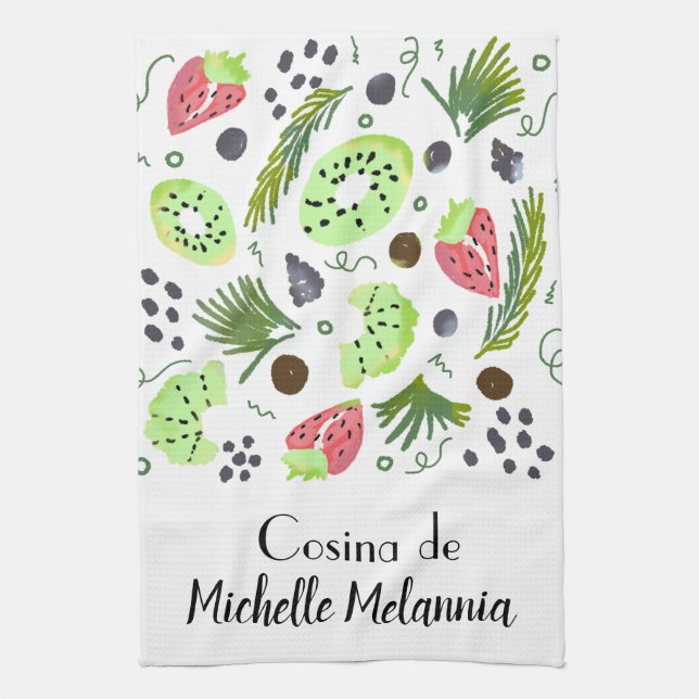 Fruktsallad Kiwi Vattenmelon Grönska Illustration Kökshandduk (Vertikal)