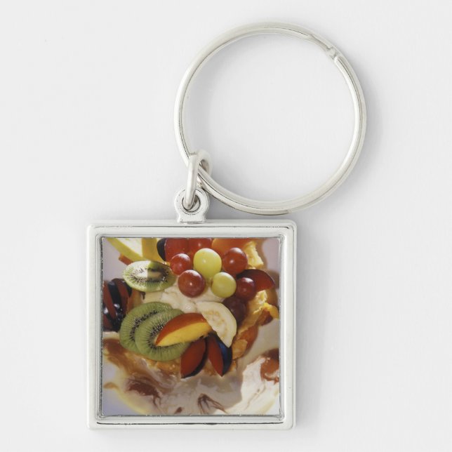 Fruktsallad med glass. fyrkantig silverfärgad nyckelring (Framsidan)