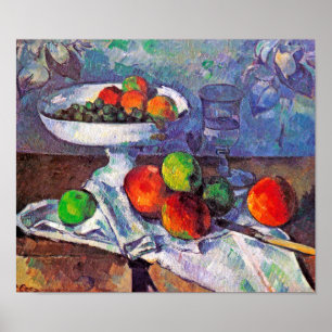 Fruktskål, glas och äpplen, Cezanne Poster