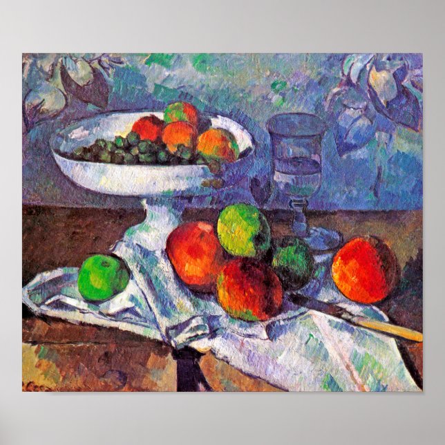 Fruktskål, glas och äpplen, Cezanne Poster (Framsidan)