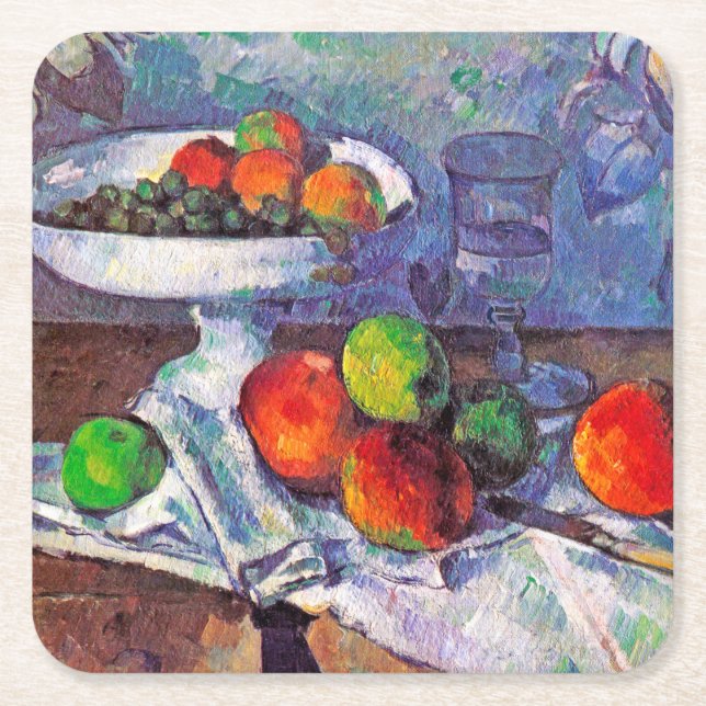 Fruktskål, glas och äpplen, Cezanne Underlägg Papper Kvadrat (Framsidan)