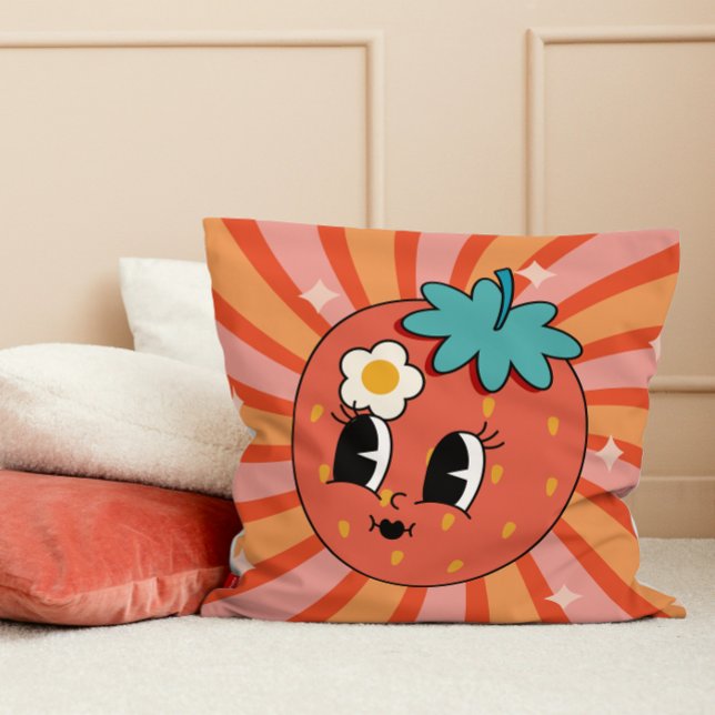 Frukttecken för jordgubbar Hippie 60 s Retro Kudde (Groovy Strawberry Fruit Character Hippie 60s Retro Throw Pillow college dorm room decor decoration)