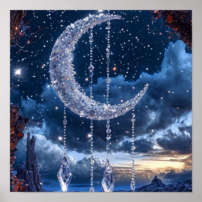 🌙 Fryst Dekorativ Måne Fantasy Isglöd Natt Poster (Framsidan)