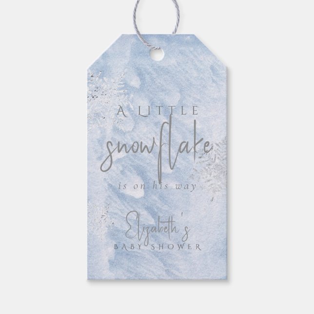 Fryst liten snöflinga Blå Pojke Bebis Shower Presentetikett (Framsidan)